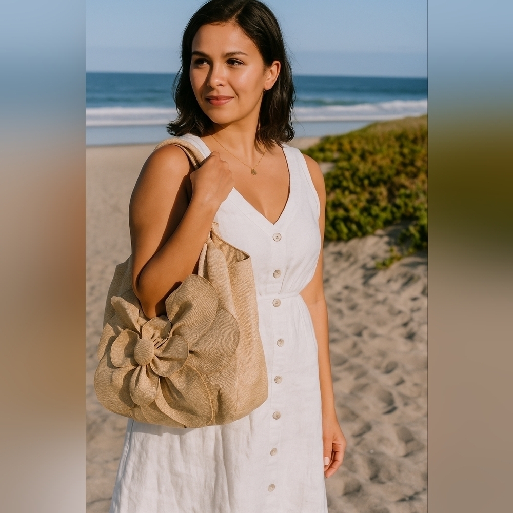 Avon Woven Elegant Tan Floral Tote Bag